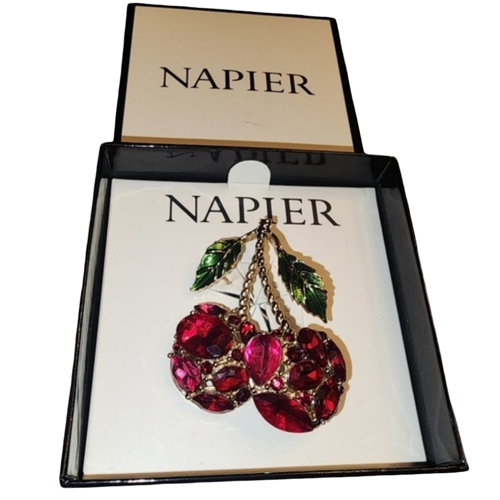 NAPIER Vintage Red Rhinestone Cherry Brooch Pin Gold Tone NWT Boxed